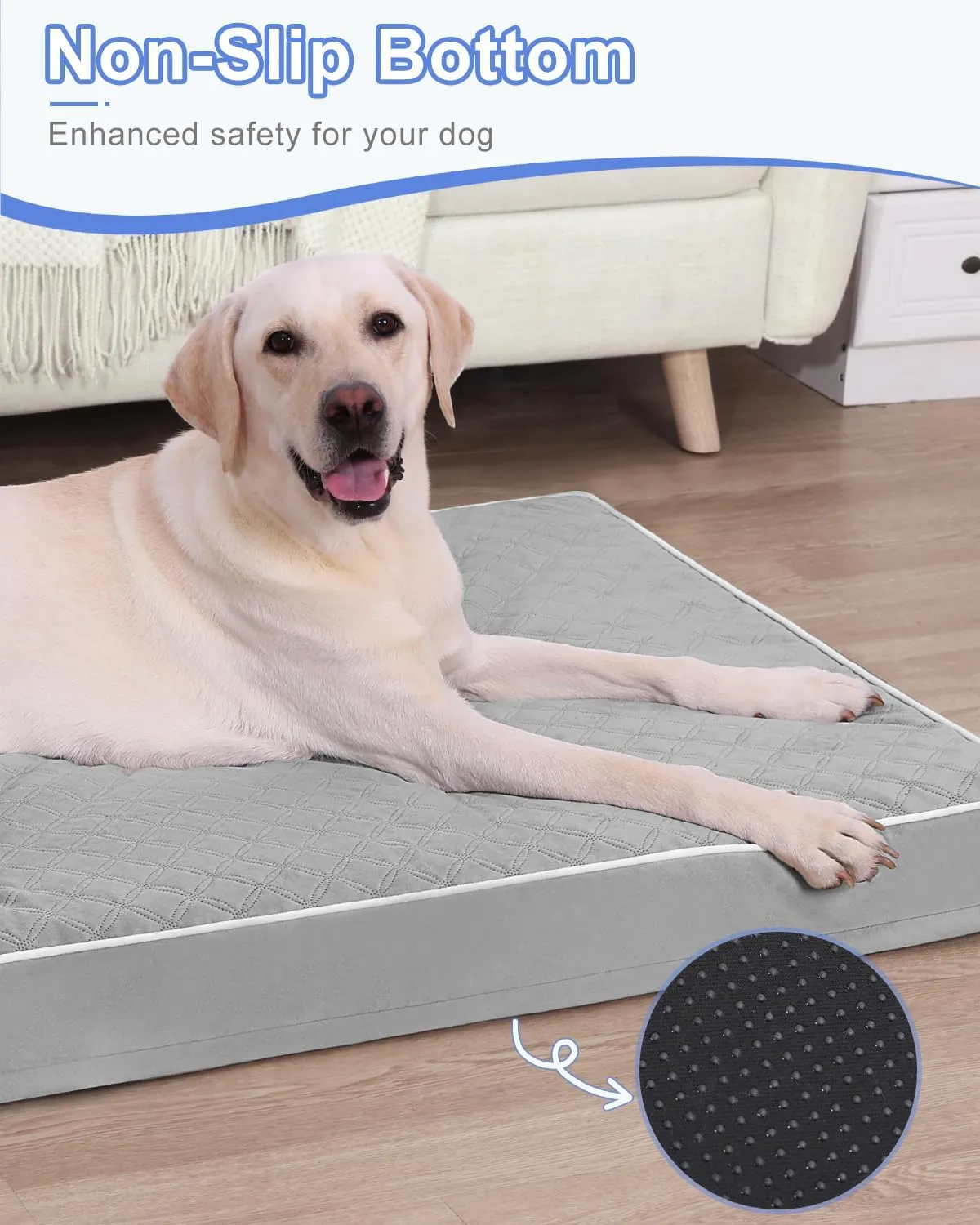 KSIIA Orthopedic Dog Bed for Crate Large Dog Bed XL with Removable Machine Washable Cover Waterproof Crate Pad with Egg Foam and Non-Slip Bottom, 41x27 Inch, Light Gray