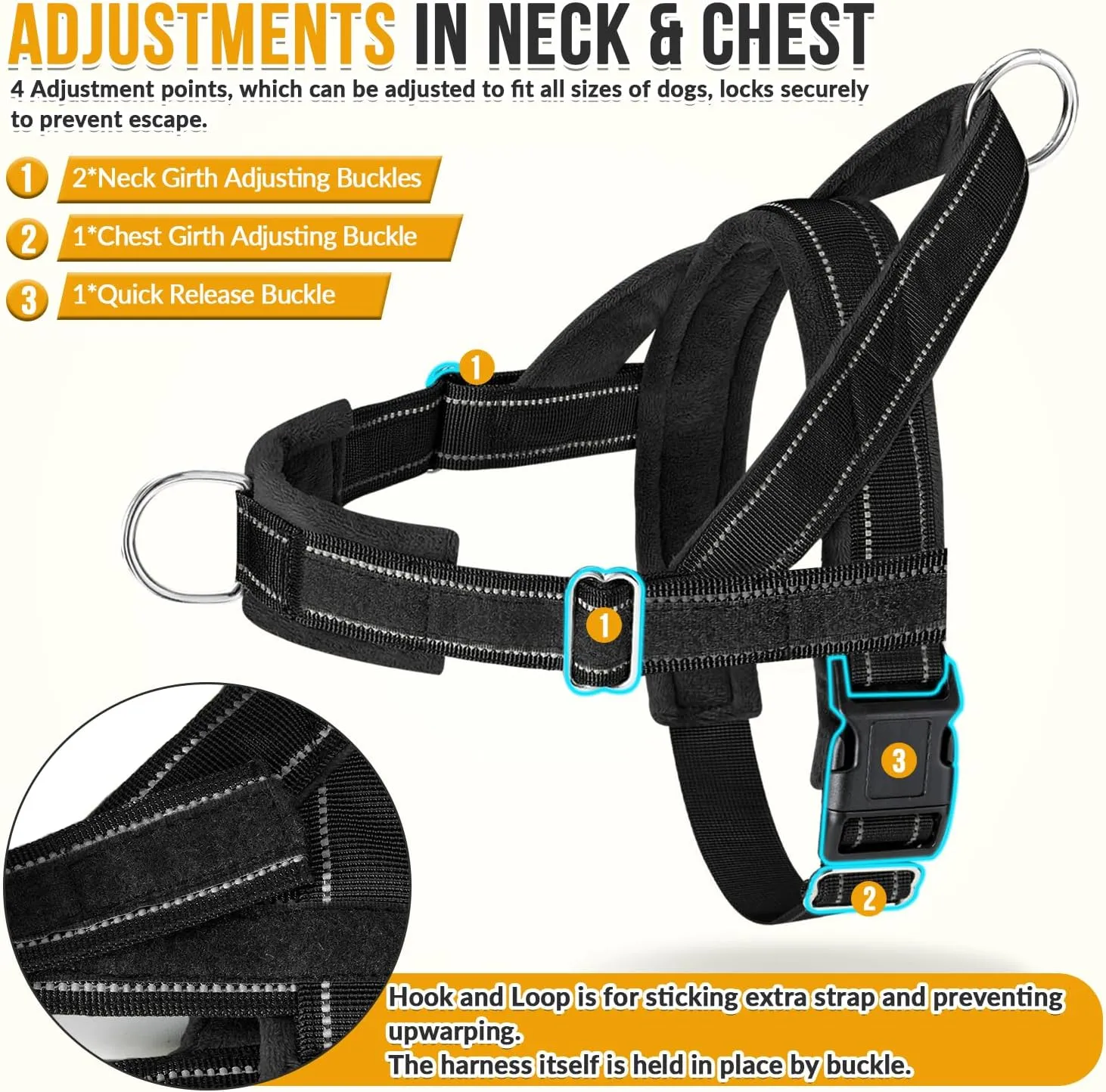 Lukovee No Pull Dog Harness & Leash Set - Heavy Duty Dog Vest Harness with Soft Padded for Medium Large Dogs, Adjustable Reflective Tactical Pet Harness for Easy Walk and Training (XL, Black)