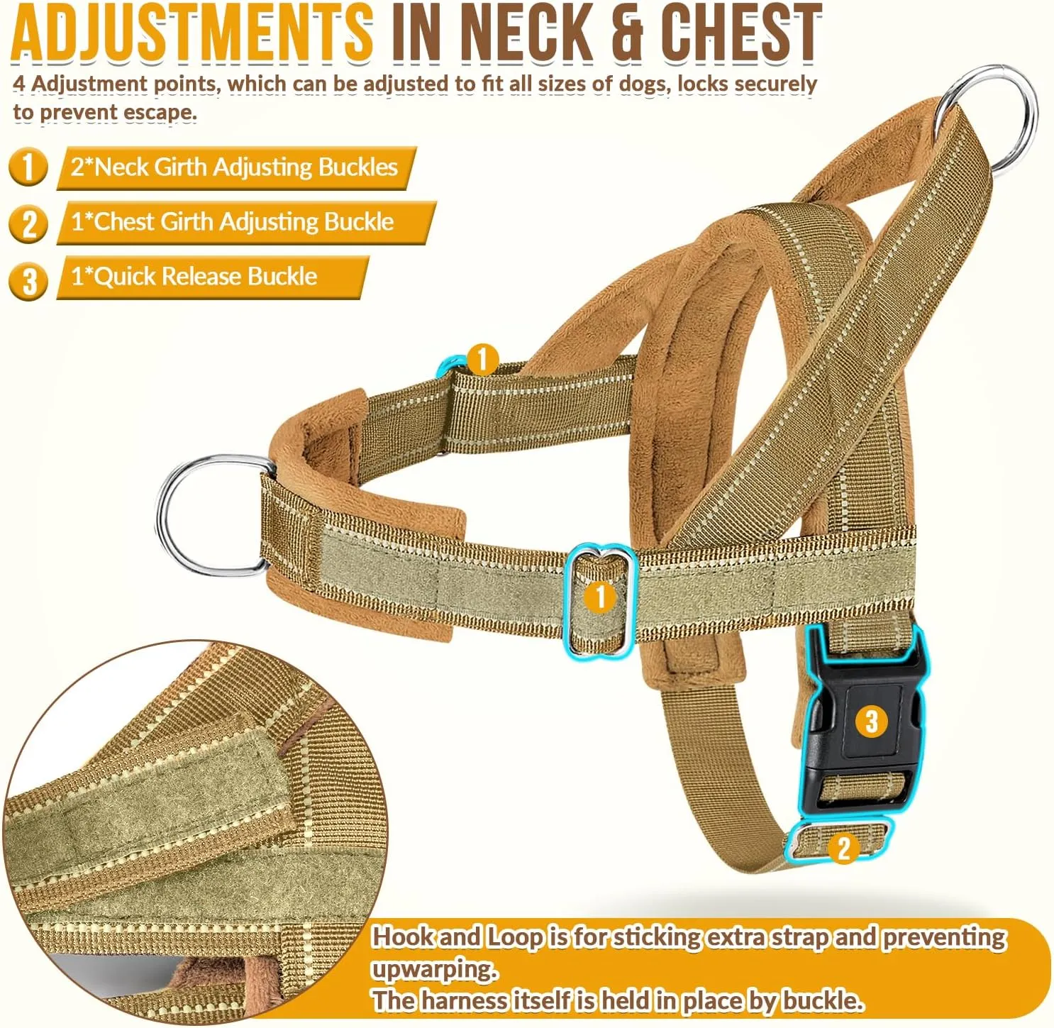 Lukovee No Pull Dog Harness & Leash Set - Heavy Duty Dog Vest Harness with Soft Padded for Medium Large Dogs, Adjustable Reflective Tactical Pet Harness for Easy Walk and Training (XL, Yellow)