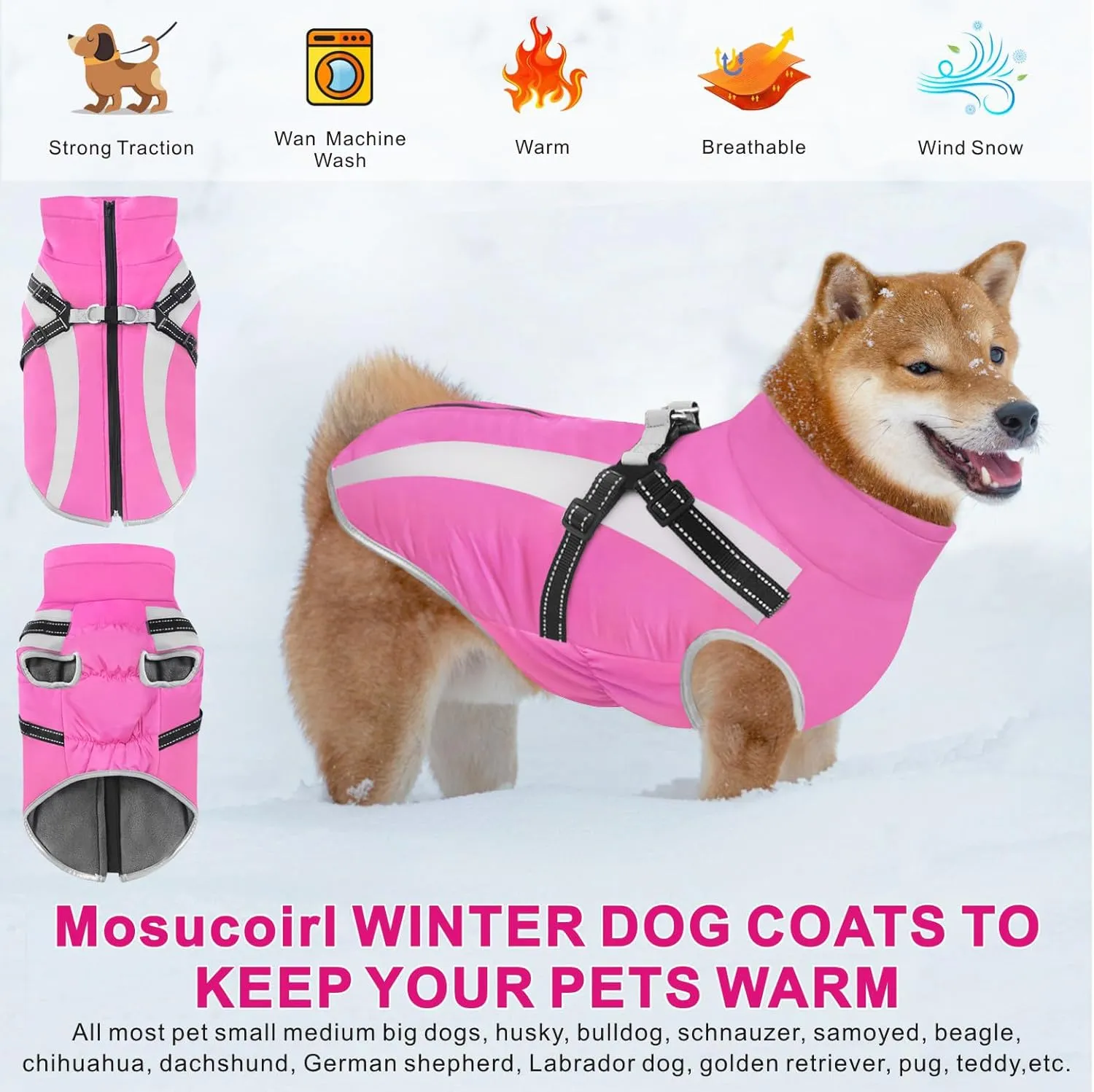 Mosucoirl Warm Dog Coats Vest, Waterproof Dogs Jacket Reflective Fleece Pet Winter Cold Weather Coat Dogs Clothes Cozy Snow Jackets Outfits for Small Medium Large Dogs Puppy