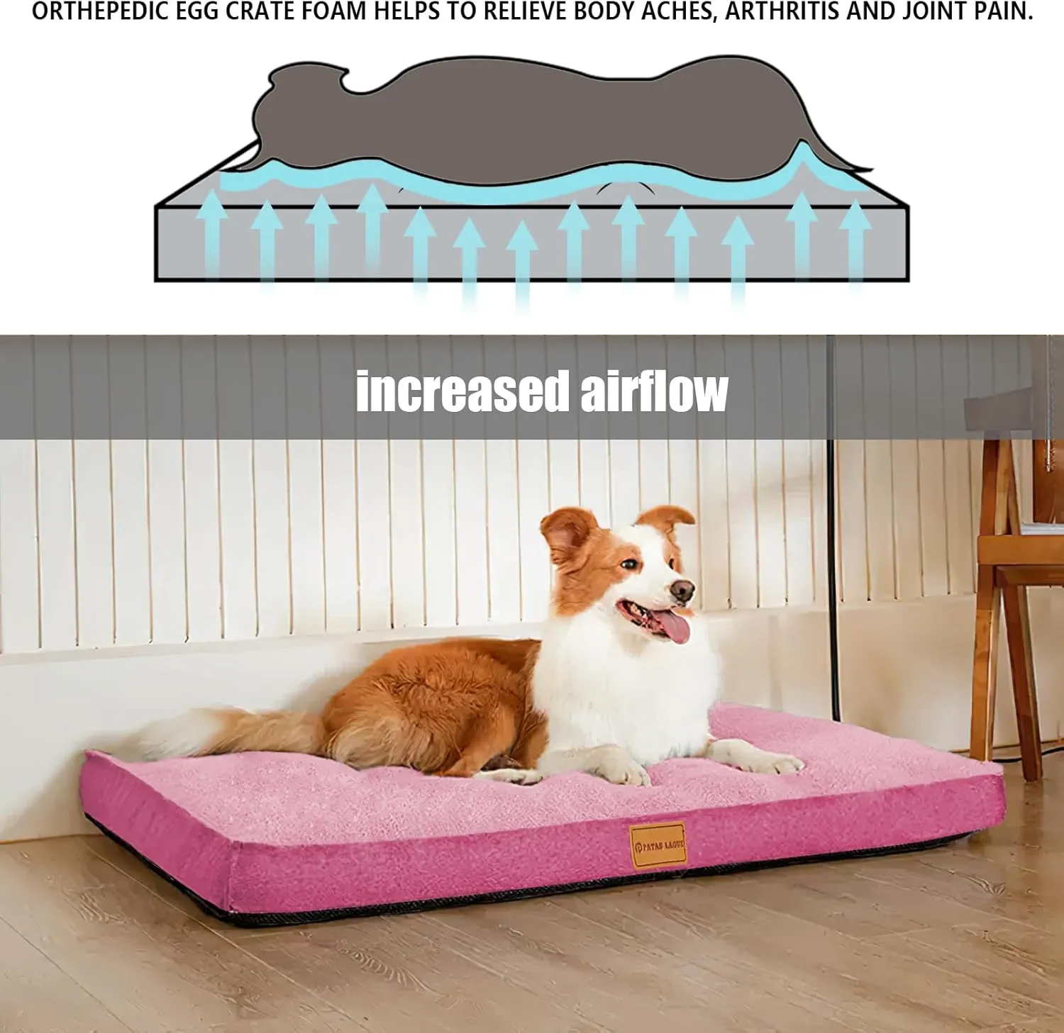 Patas Lague Orthopedic Dog Bed for Small Dogs, Soft Comfortable Waterproof Egg Crate Foam Small Pet Beds Mat with Removable Washable Cover, 20''X15'' Pink