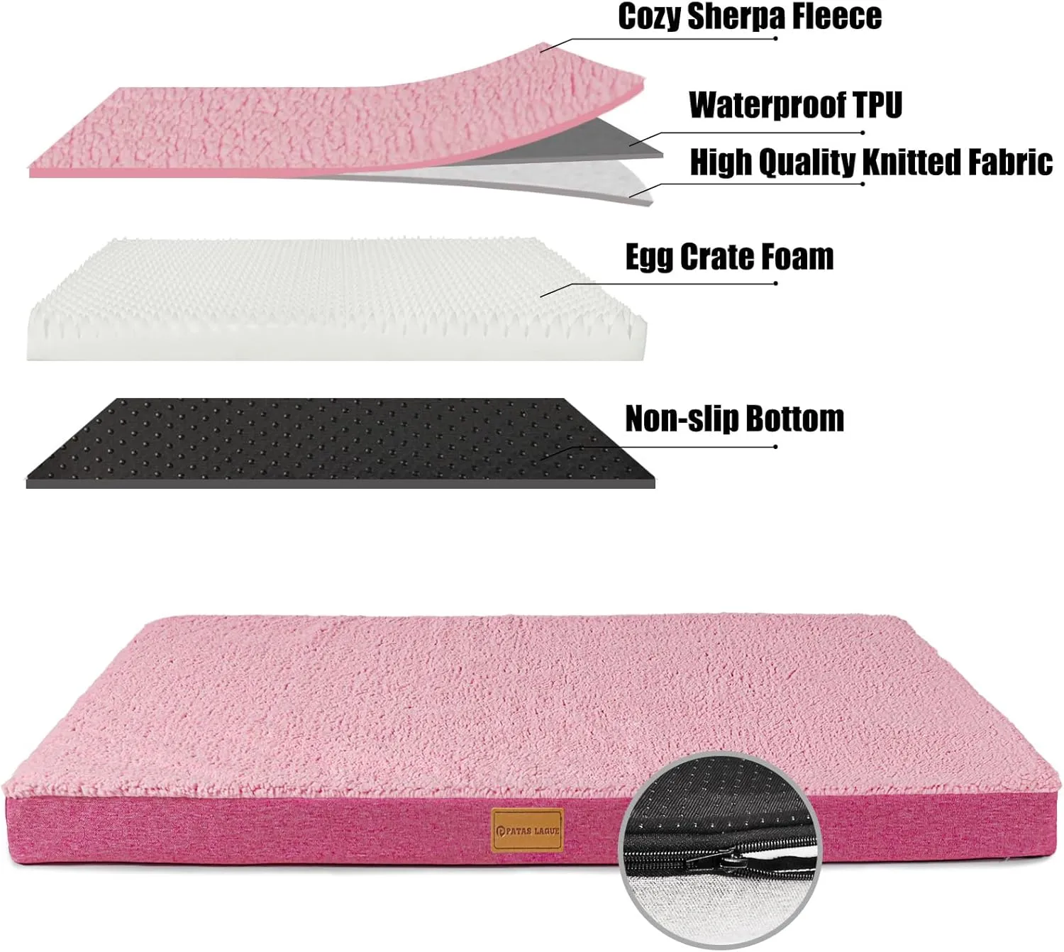 Patas Lague Orthopedic Dog Bed for Small Dogs, Soft Comfortable Waterproof Egg Crate Foam Small Pet Beds Mat with Removable Washable Cover, 20''X15'' Pink