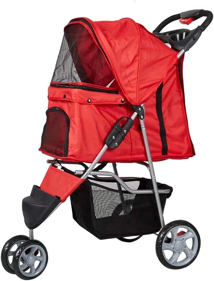 Pet Jogger Stroller Cat Dog Cage Folding Portable Easy Walk Travel Carrier Cart with 3 Wheels, Red
