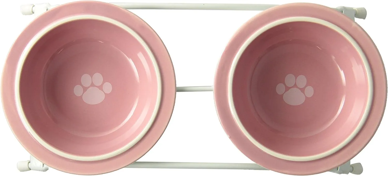 PetRageous 44355 Toftees Paws Diner with Two 1-Cup Dishwasher-Safe Stoneware Bowl Capacity 10.75-Inch Length 2.25-Inch Tall for Extra Small and Small Dogs and Cats, White and Pink