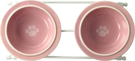 PetRageous 44355 Toftees Paws Diner with Two 1-Cup Dishwasher-Safe Stoneware Bowl Capacity 10.75-Inch Length 2.25-Inch Tall for Extra Small and Small Dogs and Cats, White and Pink