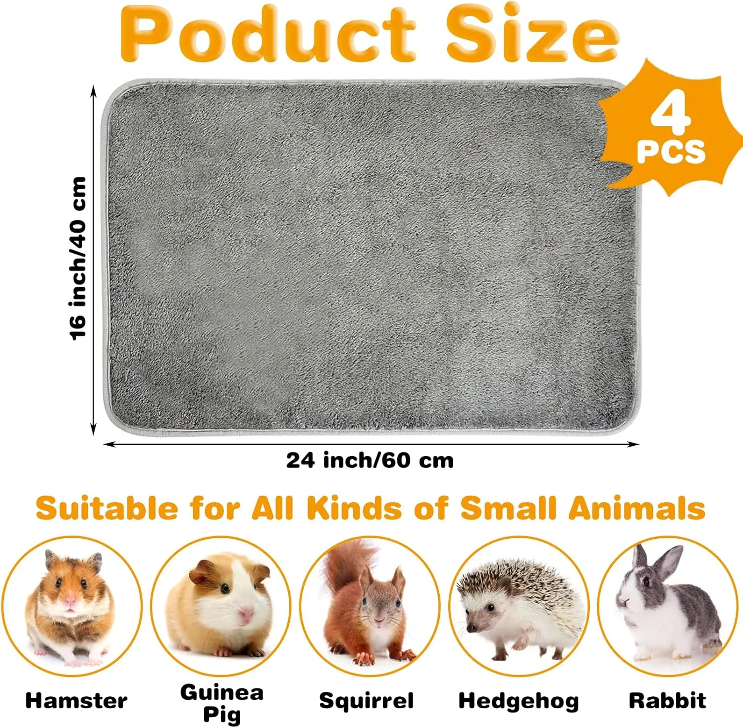 PINVNBY 4 Pack Guinea Pig Cage Liner Washable Guinea Pig Fleece Cage Liners with Non-Slip Bottom Reusable Guinea Pig Pee Pads Absorbent Bedding for Small Animals Rabbit Hamster (Gray 24" x 16")