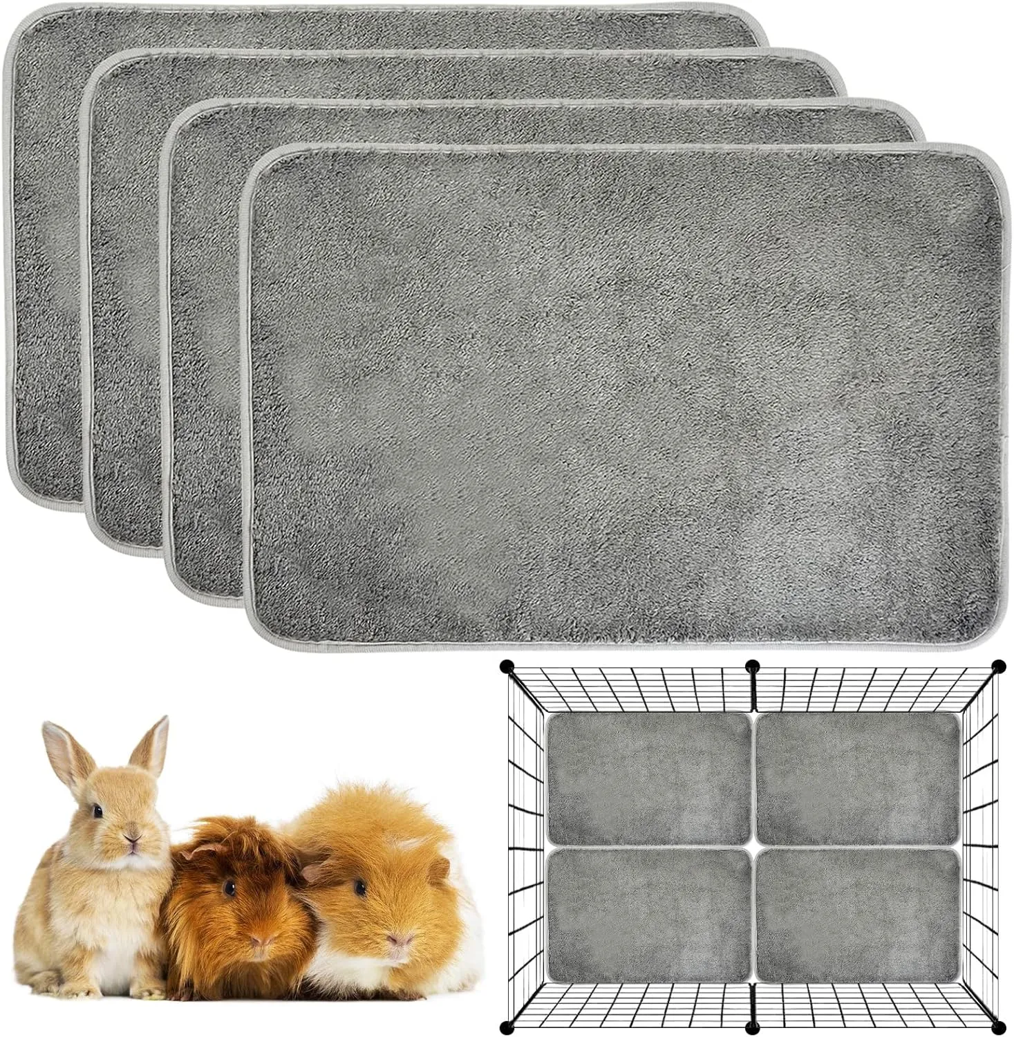 PINVNBY 4 Pack Guinea Pig Cage Liner Washable Guinea Pig Fleece Cage Liners with Non-Slip Bottom Reusable Guinea Pig Pee Pads Absorbent Bedding for Small Animals Rabbit Hamster (Gray 24" x 16")