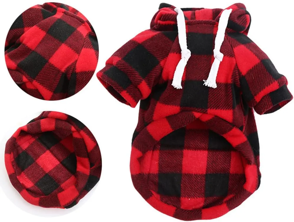 Plaid Dog Hoodie for Small Medium Large Dogs with Zipper Pocket,Fleece Dog Cat Christmas Outfit Winter Clothes,Christmas Puppy Cat Sweaters for Dogs Cats 1~90lbs(Red,3XL)