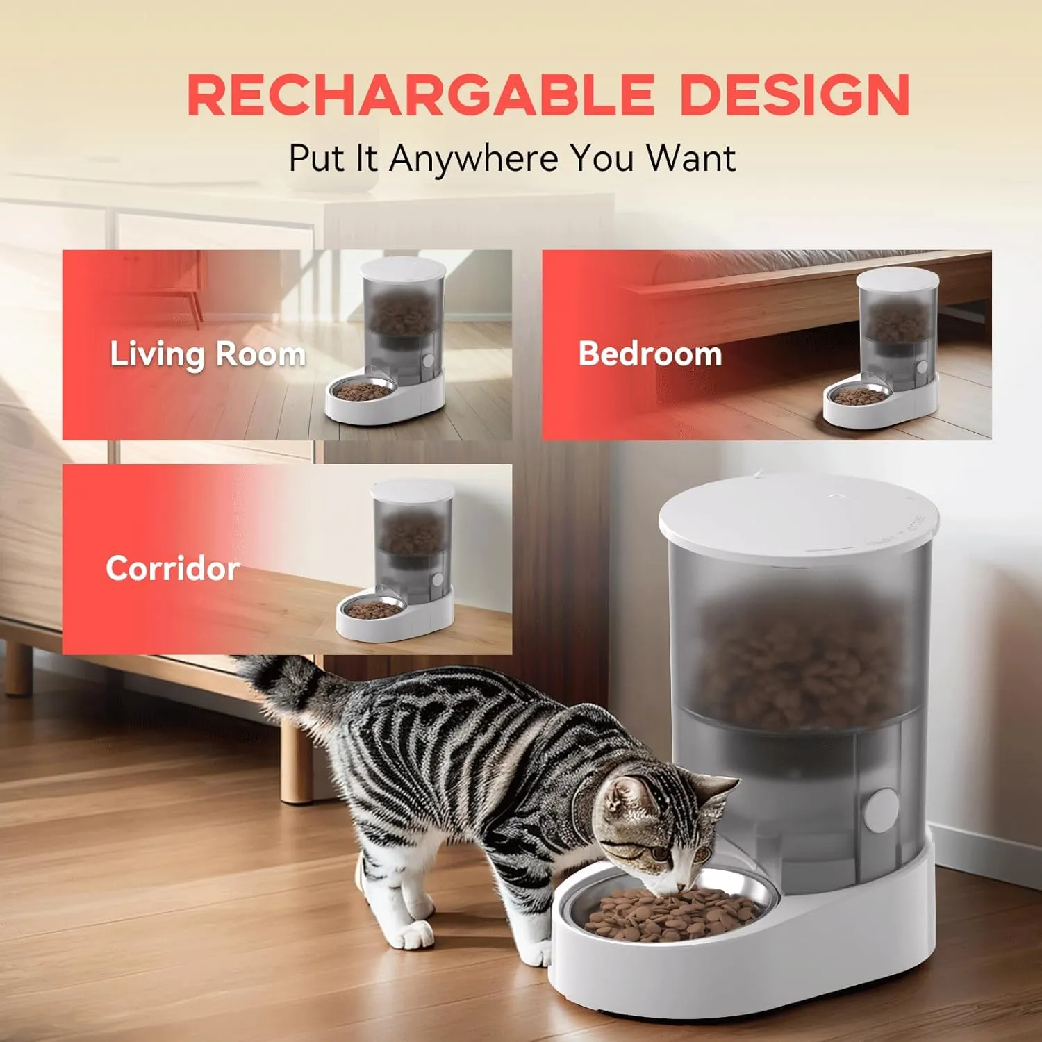 Rechargable Automatic Cat Feeders - 5G WiFi Pet Feeder with APP Control, 4L Timed Cat Feeders for Dry Food, 1-10 Meals Per Day, 12 Portions Per Meal - Ceramic Bowl Included