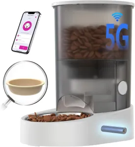 Rechargable Automatic Cat Feeders - 5G WiFi Pet Feeder with APP Control, 4L Timed Cat Feeders for Dry Food, 1-10 Meals Per Day, 12 Portions Per Meal - Ceramic Bowl Included