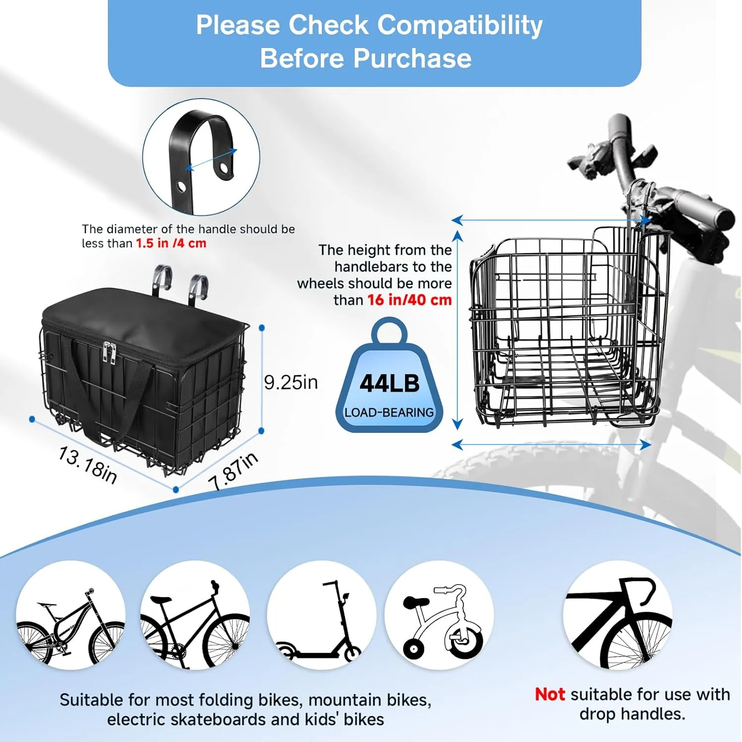 Riian Bike Basket Front/Rear, Thickened Shockproof Foldable Bicycle Basket with Waterproof Bag, Quick Release Design, Metal Bicycle Frame Basket for Adult Women Men