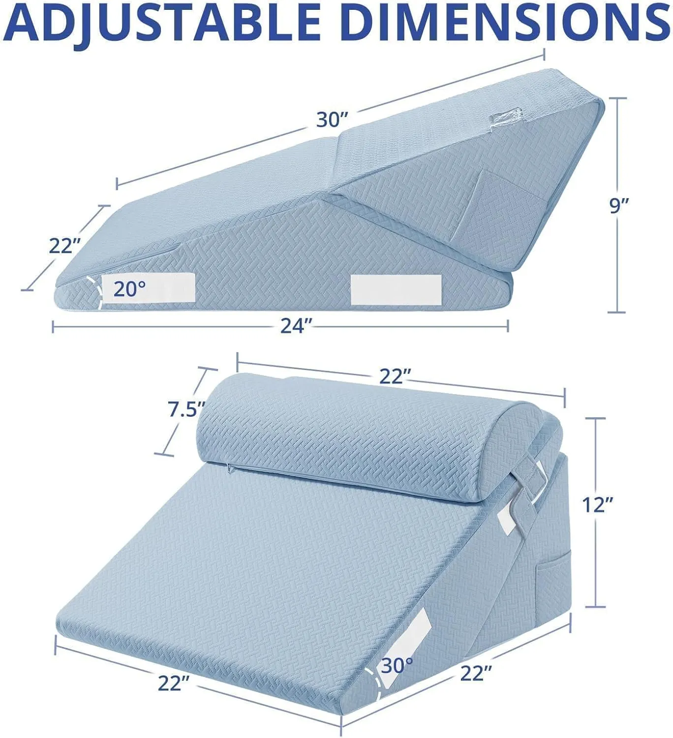 Sasttie Wedge Pillow Set with Neck Support Cushion, Adjustable Orthopedic Bed Wedge Pillow Set for After Surgery, Sleeping, Acid Reflux, Back Pain, and Surgery Recovery, Blue