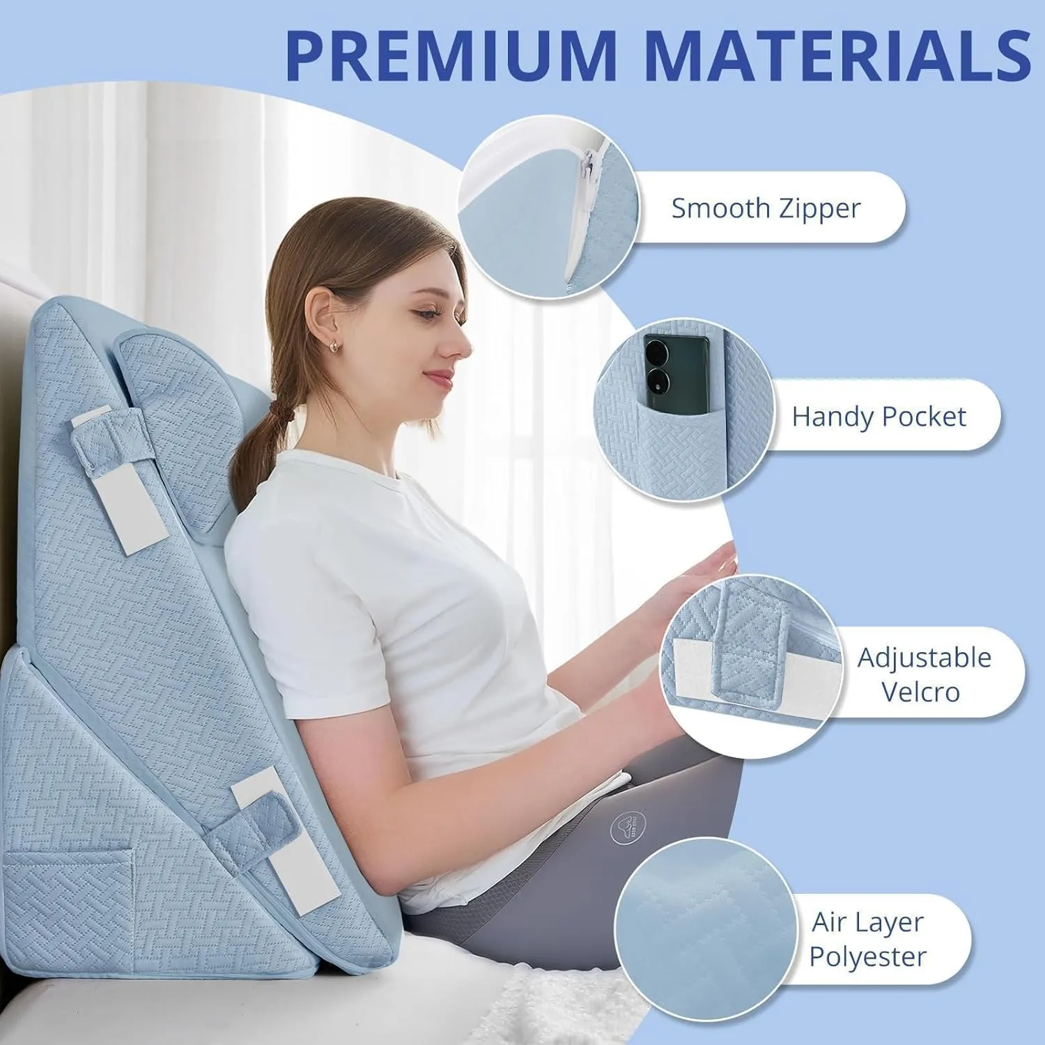 Sasttie Wedge Pillow Set with Neck Support Cushion, Adjustable Orthopedic Bed Wedge Pillow Set for After Surgery, Sleeping, Acid Reflux, Back Pain, and Surgery Recovery, Blue