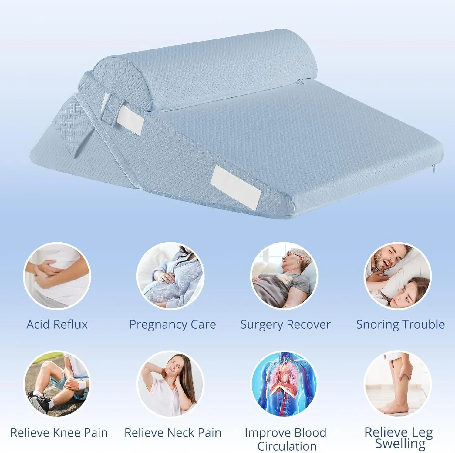 Sasttie Wedge Pillow Set with Neck Support Cushion, Adjustable Orthopedic Bed Wedge Pillow Set for After Surgery, Sleeping, Acid Reflux, Back Pain, and Surgery Recovery, Blue