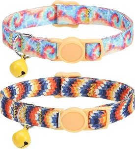 SOLMOONY Cute Cat Collar for Girl Boy,Colorful Breakaway Cat Collars with Bell 2 PackAdjustable Printed Nylon with Safety Buckles Kitten Collar (Coloured Drawing)