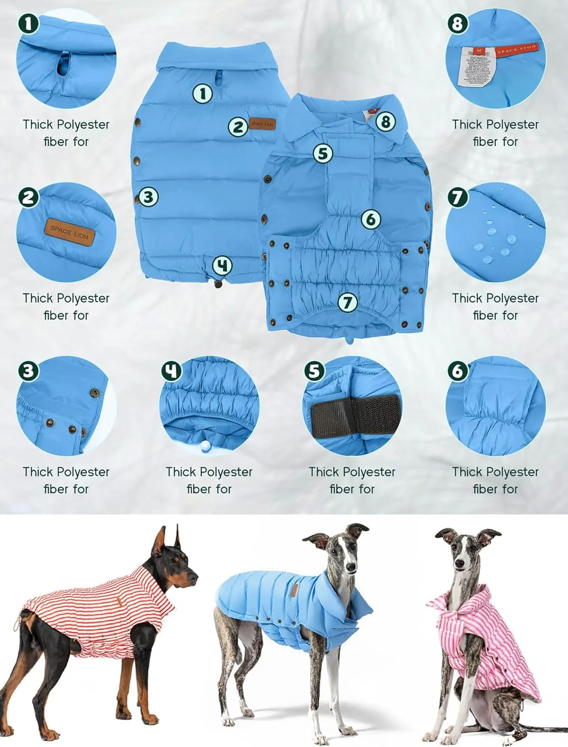 SPACE LION Puffer Jacket, Down Winter Coat, Waterproof, Windproof, Lightweight Jacket, Adjustable Fit for Small, Medium, Large Dogs (Blue, S)