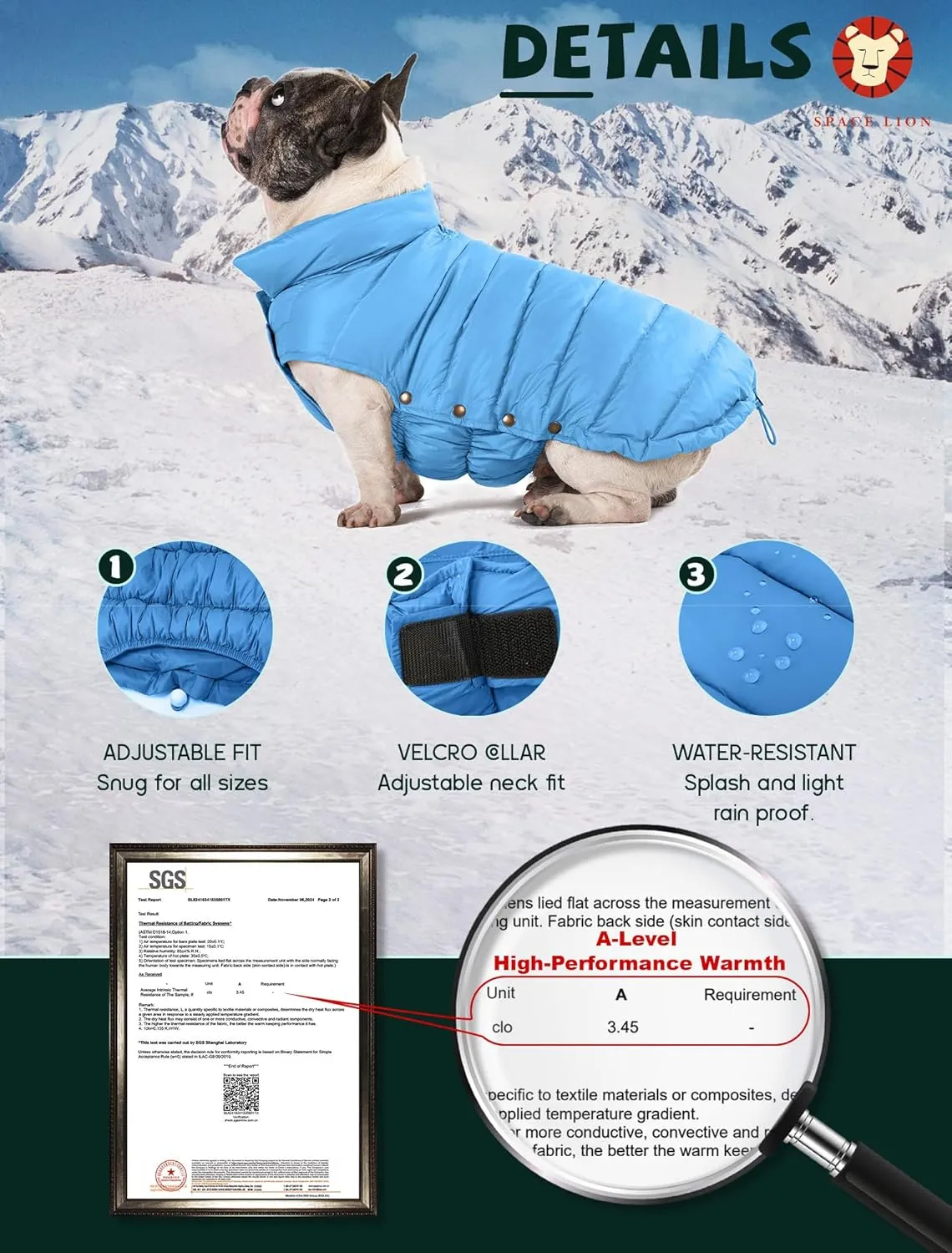 SPACE LION Puffer Jacket, Down Winter Coat, Waterproof, Windproof, Lightweight Jacket, Adjustable Fit for Small, Medium, Large Dogs (Blue, S)