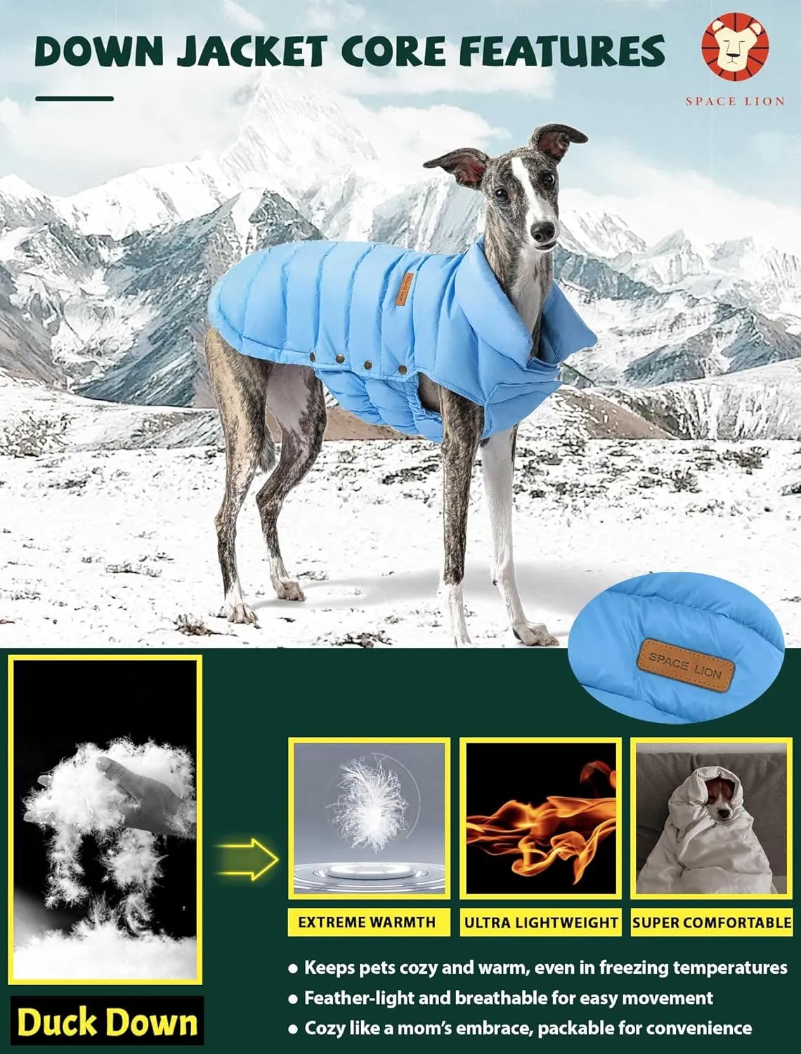 SPACE LION Puffer Jacket, Down Winter Coat, Waterproof, Windproof, Lightweight Jacket, Adjustable Fit for Small, Medium, Large Dogs (Blue, S)