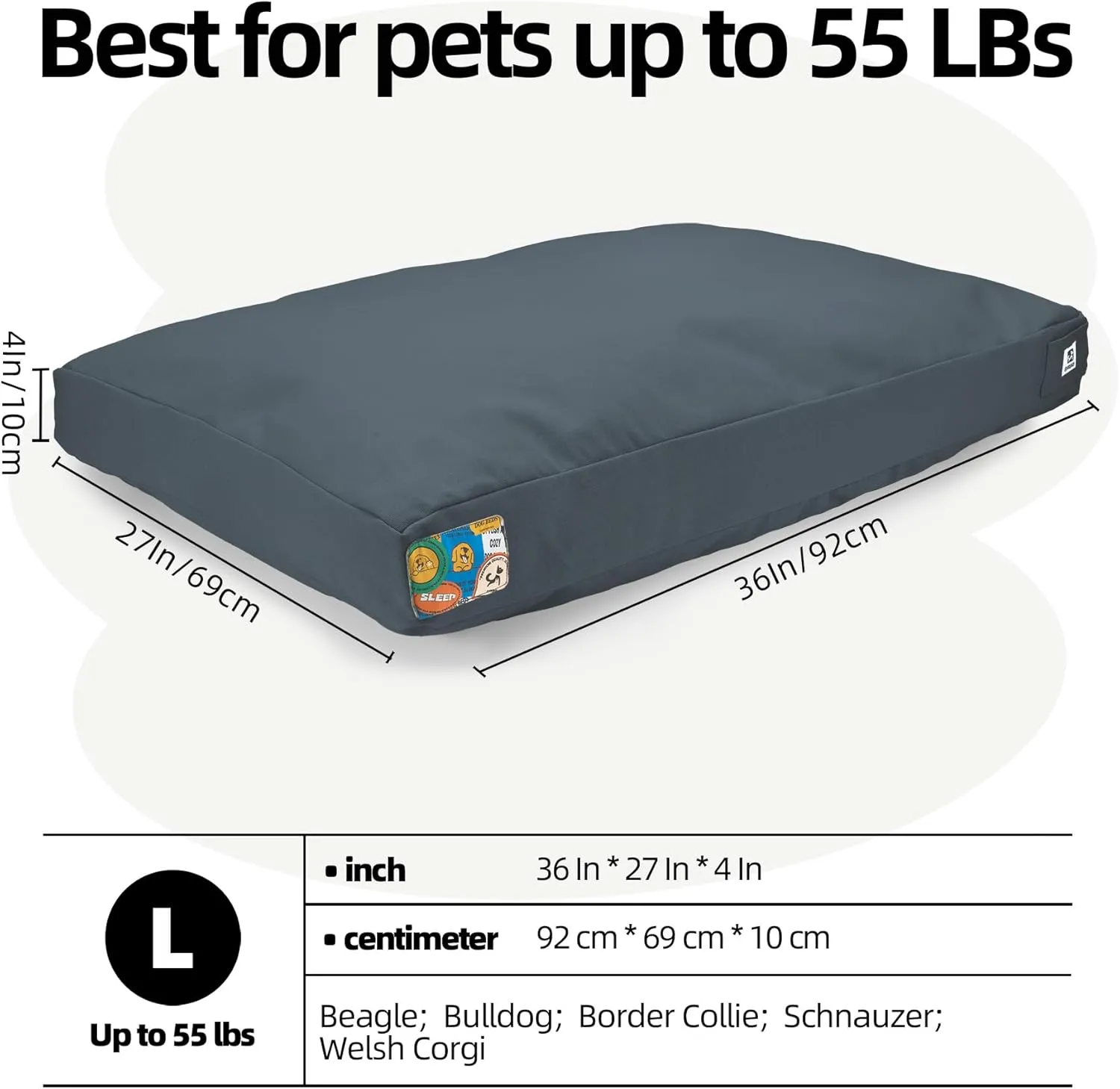 Sytopia 36 Inch Canvas Dog Bed, Outdoor Pet Bed, Waterproof Washable Removable Cover, Patio Pet Pad, Blue Gray