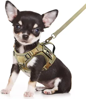 Tactical Dog Harness Small, Military K9 Puppy Vest Harness and Leash, No Pull Outdoor Training XS Dog Harness with Handle (XSmall, Khaki Leash)
