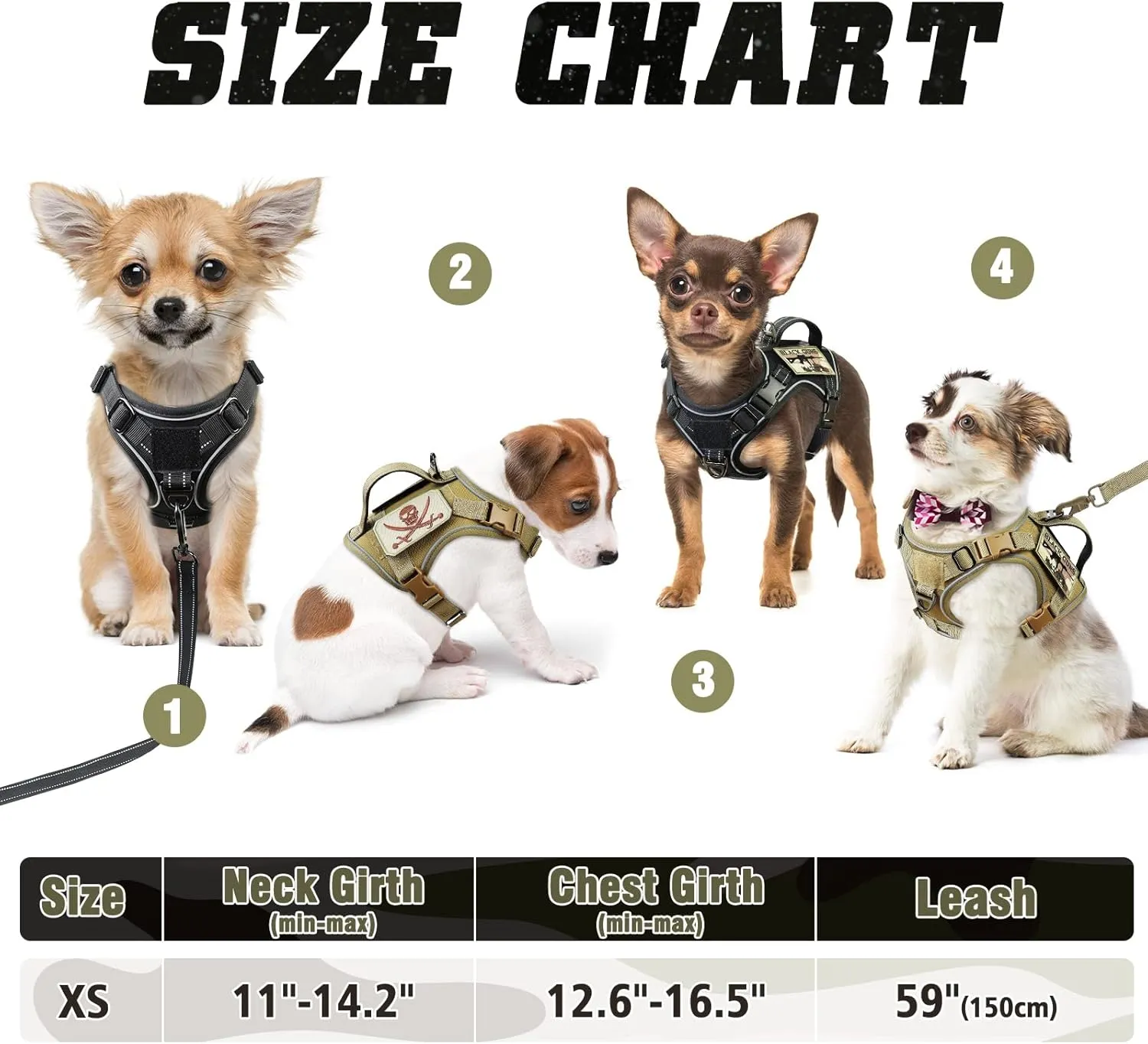 Tactical Dog Harness Small, Military K9 Puppy Vest Harness and Leash, No Pull Outdoor Training XS Dog Harness with Handle (XSmall, Khaki Leash)
