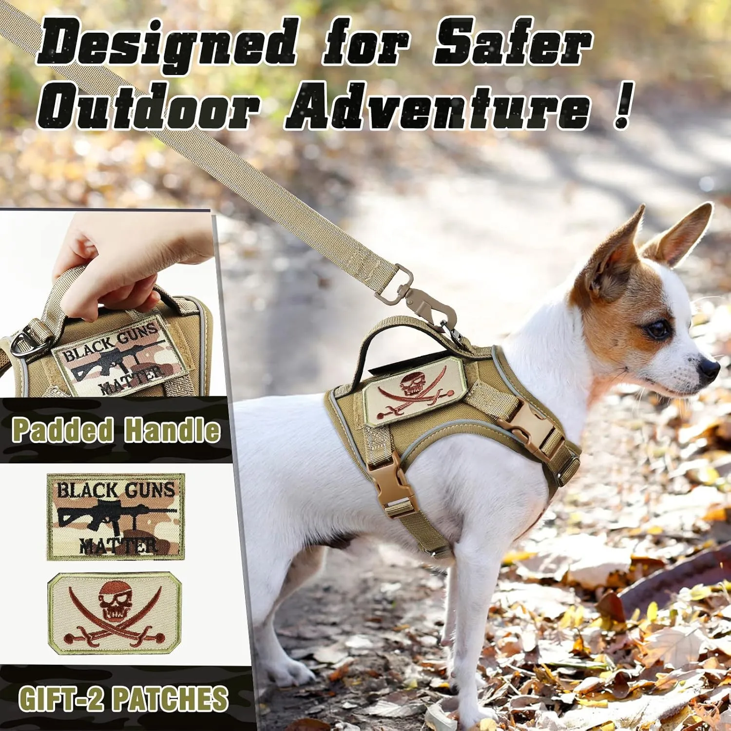 Tactical Dog Harness Small, Military K9 Puppy Vest Harness and Leash, No Pull Outdoor Training XS Dog Harness with Handle (XSmall, Khaki Leash)