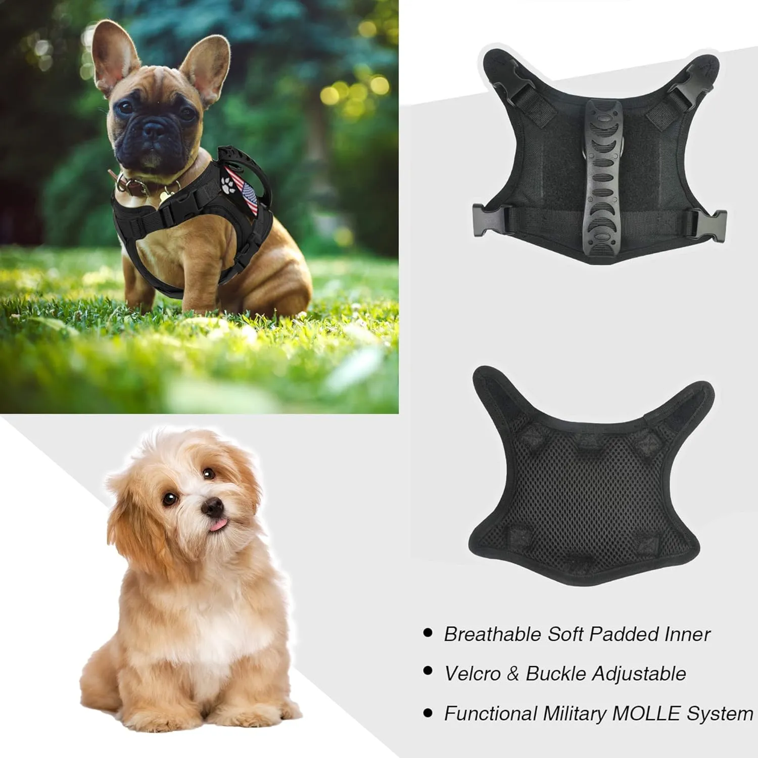 Tactical Dog Harness Tactical Puppy Vest with Rubber Handle K9 Military Adjustable Pet Vest Harness for Outdoor Training XS Dog Harness (Black Harness)