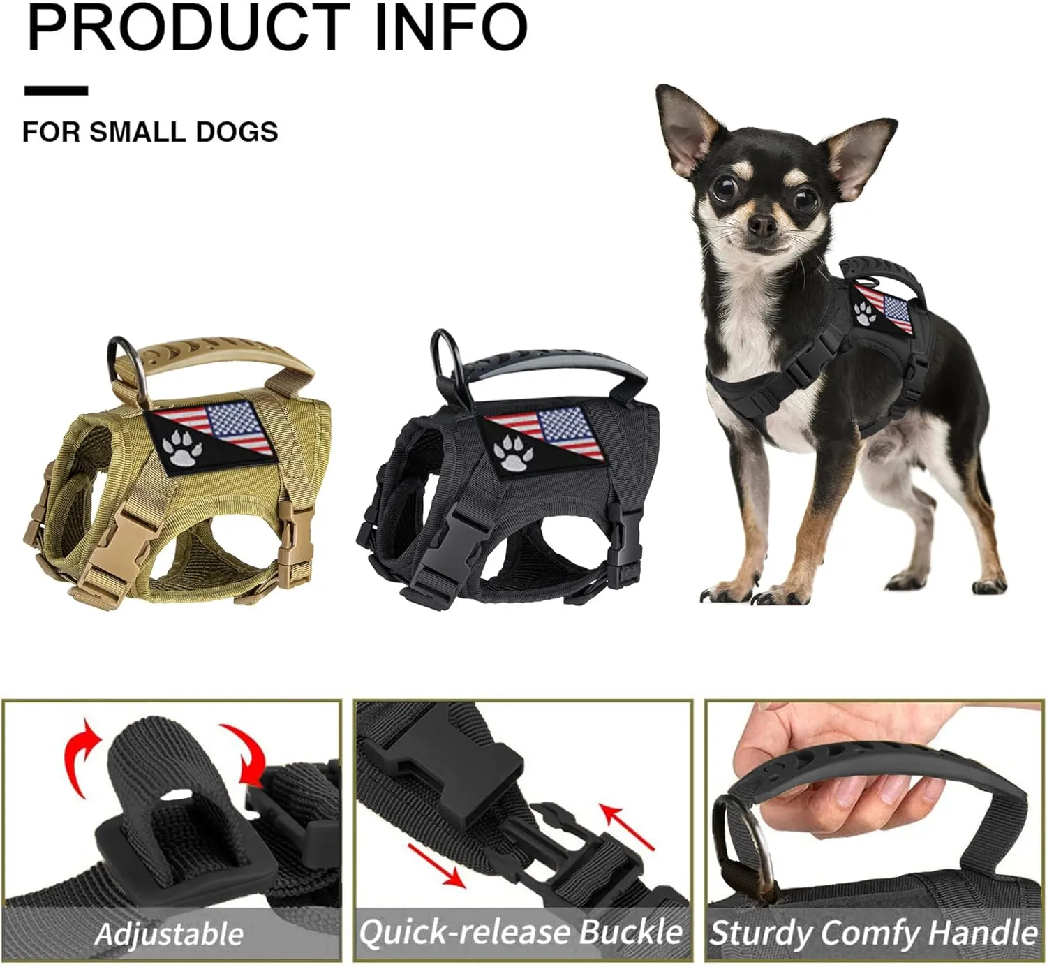Tactical Dog Harness Tactical Puppy Vest with Rubber Handle K9 Military Adjustable Pet Vest Harness for Outdoor Training XS Dog Harness (Black Harness)