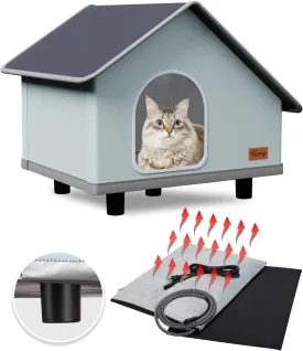 Toozey Large Elevated Heated Outdoor Cat House 100% Waterproof with Insulated Aluminum, 2 Mat, Sturdy Safe Feral Shelter for Winter Indoor Outside with Thermostatic Pet Heating Pad 19.7" X 16" X 17.7"