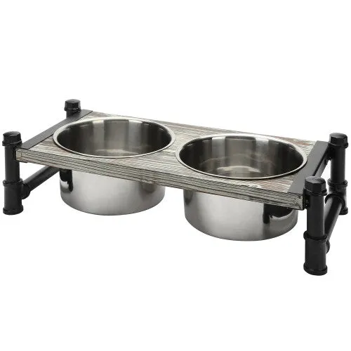 Torched Wood & Industrial Pipe Pet Feeder Stand w/ Bowls