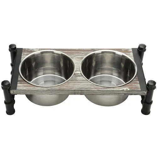 Torched Wood & Industrial Pipe Pet Feeder Stand w/ Bowls