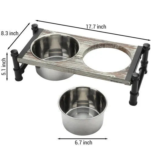 Torched Wood & Industrial Pipe Pet Feeder Stand w/ Bowls