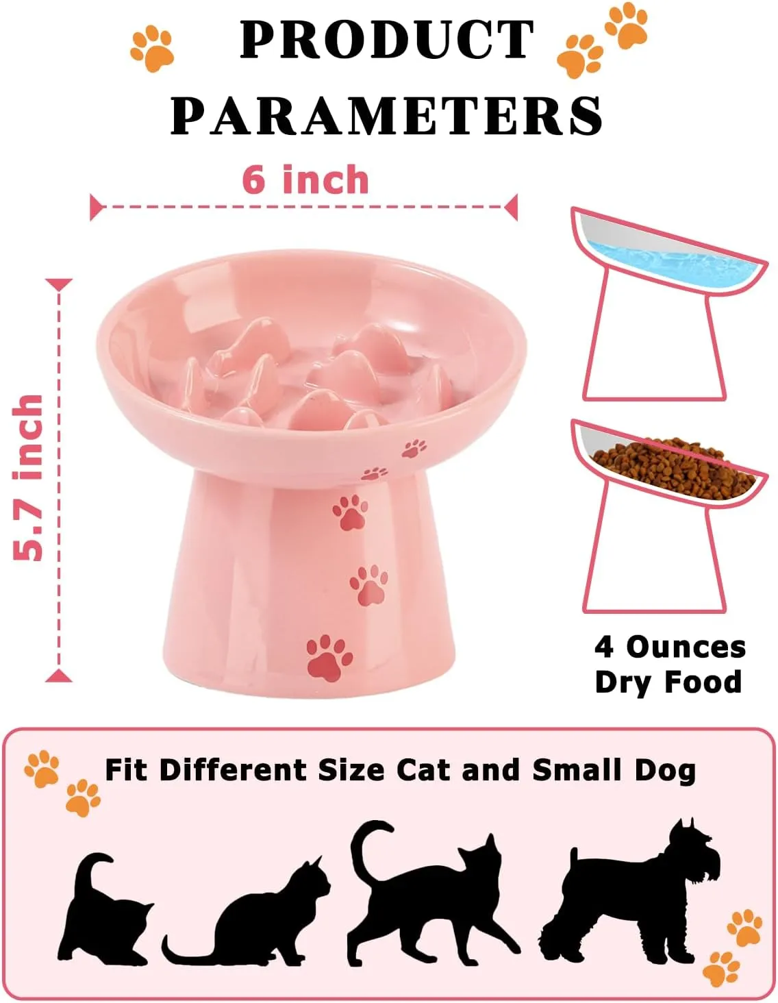 Y YHY 6 Inches Cat Slow Feeder, Cat Food Bowl Elevated Dog Slow Feeder Bowl Ceramic Cat Bowl Anti Vomiting for Dry and Wet Food, Pink