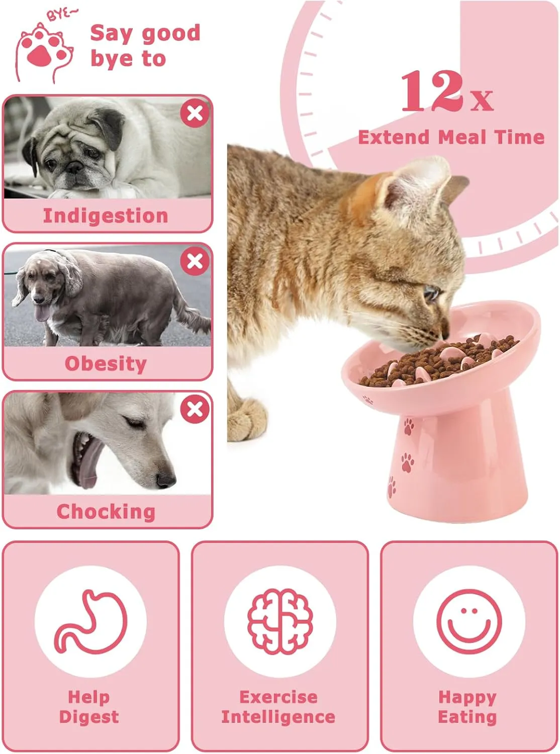 Y YHY 6 Inches Cat Slow Feeder, Cat Food Bowl Elevated Dog Slow Feeder Bowl Ceramic Cat Bowl Anti Vomiting for Dry and Wet Food, Pink