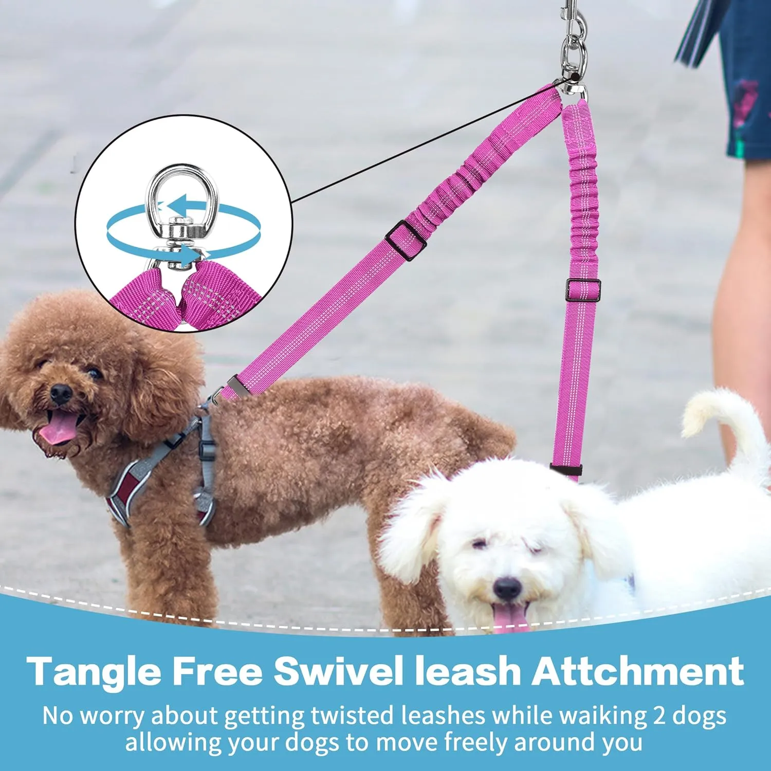 YAODHAOD Double Dog Leash, Splitter, No-Tangle 360 Swivel Rotation Reflective Lead, Adjustable Length Bungee Heavy Duty Walking Training Dual Leash Extension (Rose Red)