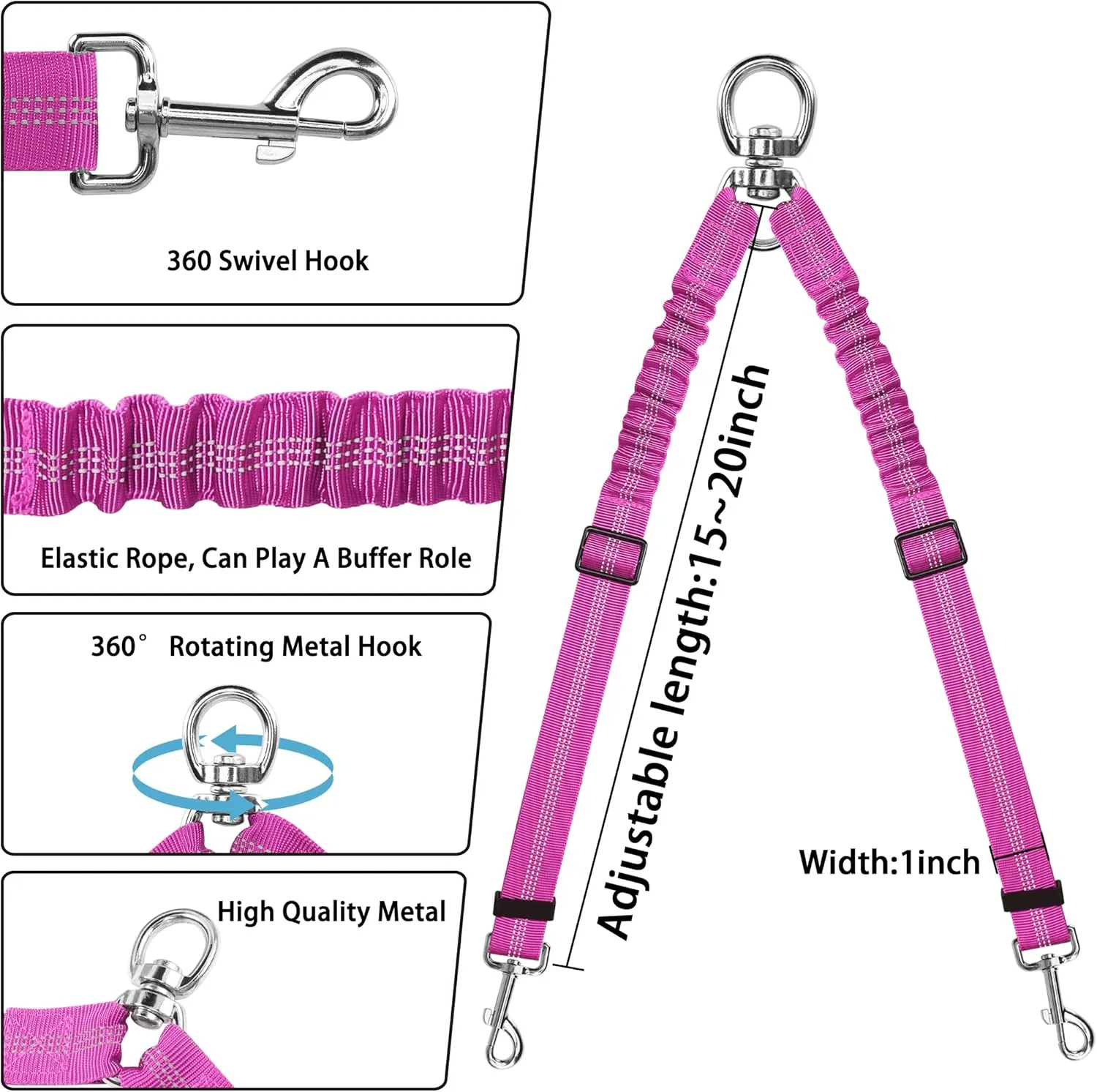 YAODHAOD Double Dog Leash, Splitter, No-Tangle 360 Swivel Rotation Reflective Lead, Adjustable Length Bungee Heavy Duty Walking Training Dual Leash Extension (Rose Red)